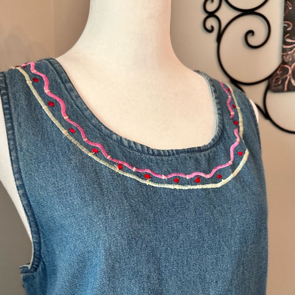 L Carolina bay denim blue jean vintage jumper dress embroidered cottage 90s maxi - Picture 3 of 7